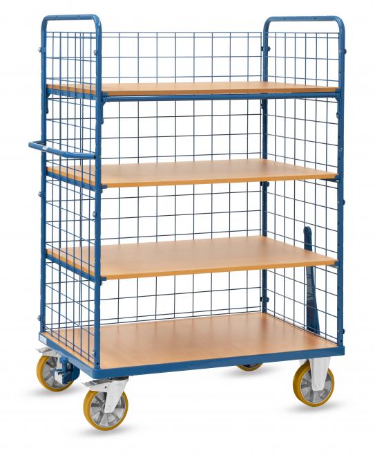 fetra Etagenwagen 4 Böden dreiseitig Drahtgitter Höhe 1.800 mm 2 | blaugraue Elastic Bereifung