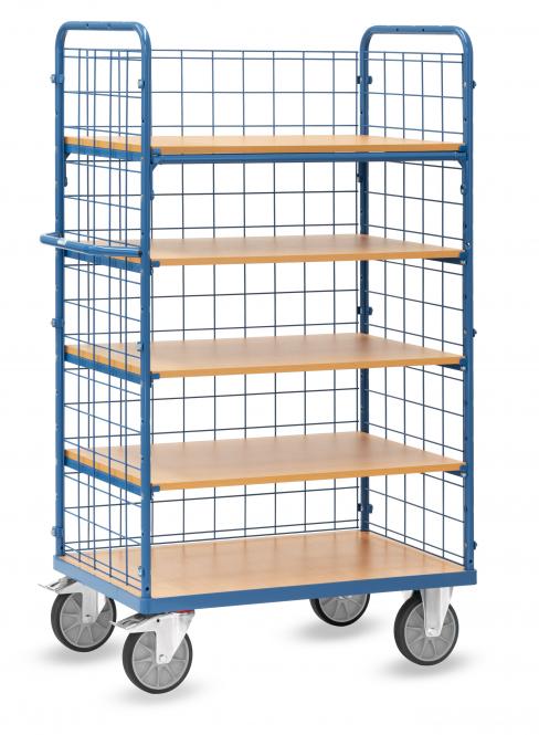 fetra Etagenwagen 4 Böden dreiseitig Drahtgitter Höhe 1.800 mm 2 | blaugraue Elastic Bereifung