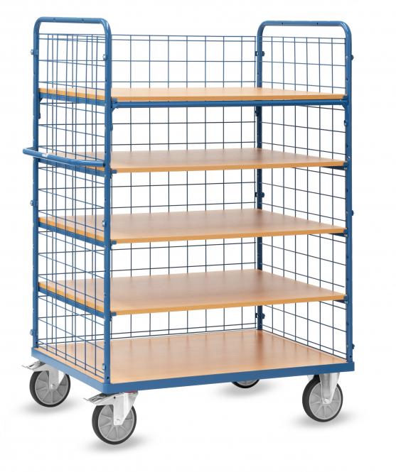 fetra Etagenwagen 4 Böden dreiseitig Drahtgitter Höhe 1.800 mm 2 | blaugraue Elastic Bereifung