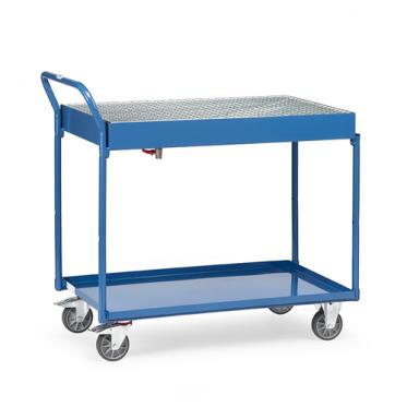 fetra Tischwagen mit Stahlblechwanne oben mit Gitterrost 1 | TPE Bereifung