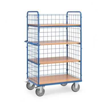 fetra Etagenwagen 4 Böden dreiseitig Drahtgitter Höhe 1.800 mm 2 | blaugraue Elastic Bereifung